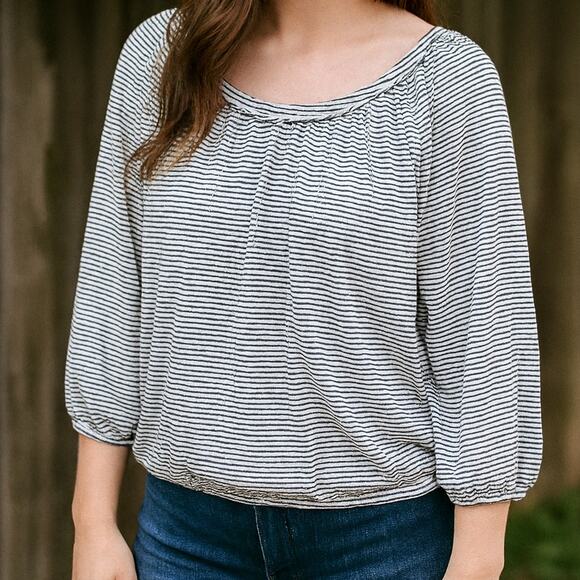 Max Studio London Striped Peasant Blouse Black White S - Picture 1 of 9
